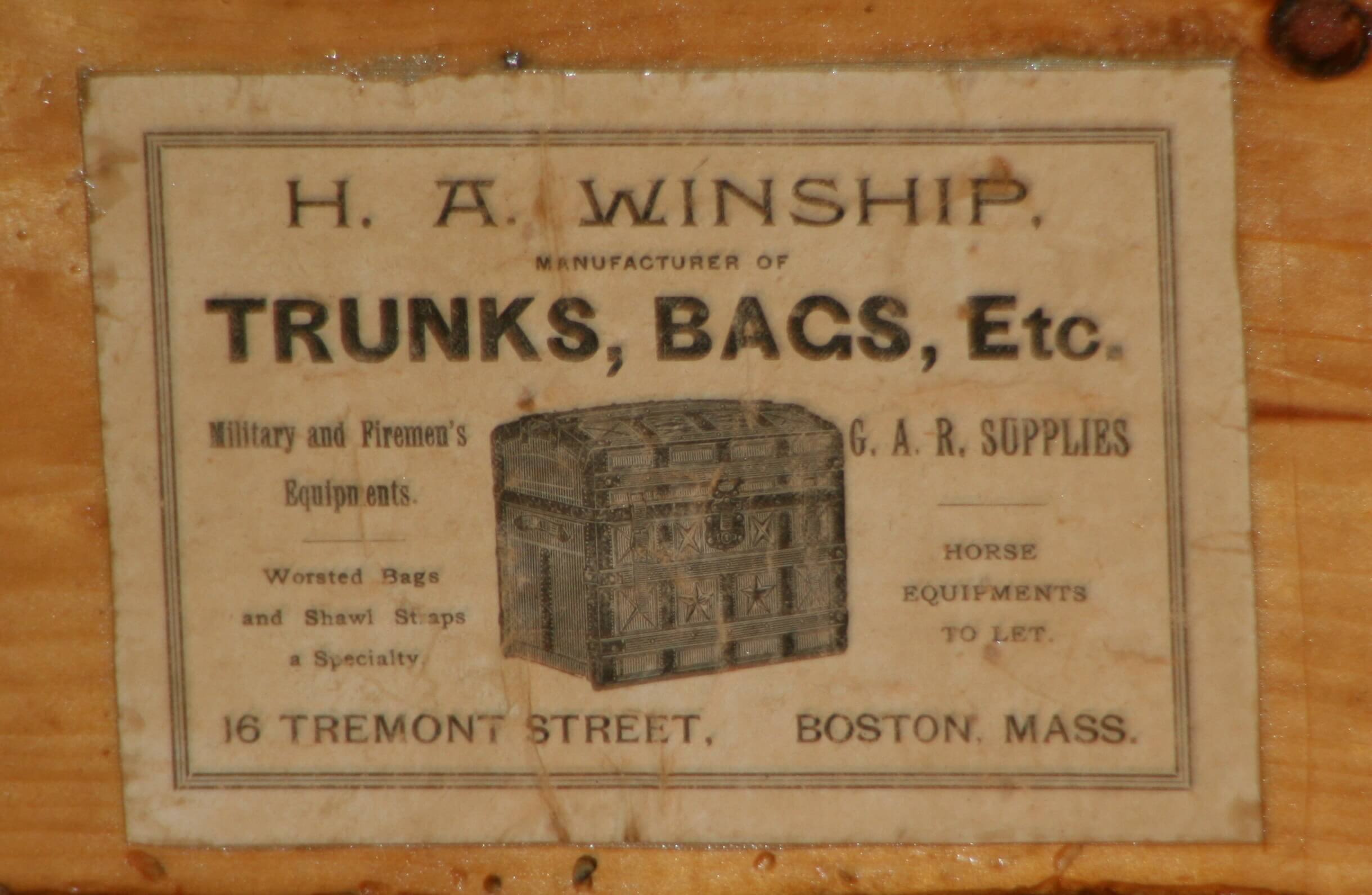H A Winship, trunk maker, Tremont St, Boston